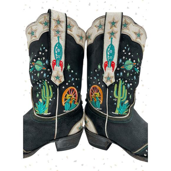 Space Cowboy Double D Ranch Embroidered Western Boots Black Leather Old Gringo 8 - Picture 7 of 16